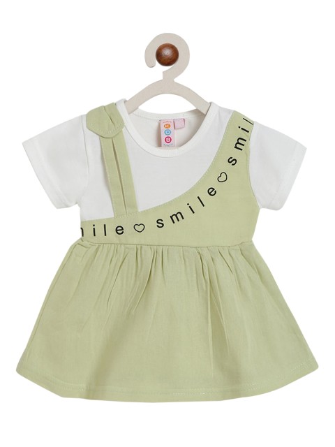 

Kids On Board Girls Green & White Smile Printed Cotton Dress