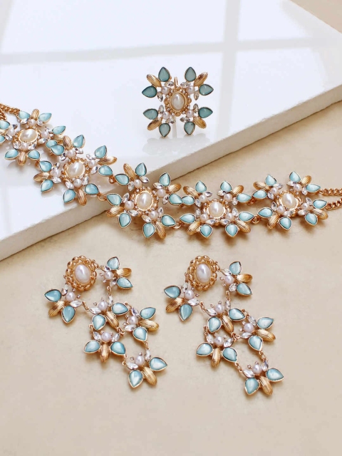 

Runway Ritual Women Green Rose Gold-Plated Necklace Earrings & Finger Ring