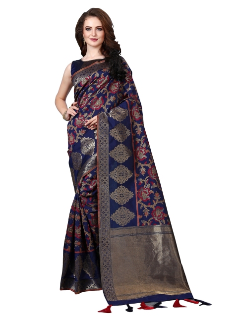 

Mitera Navy Blue & Red Ethnic Motifs Zari Art Silk Banarasi Saree