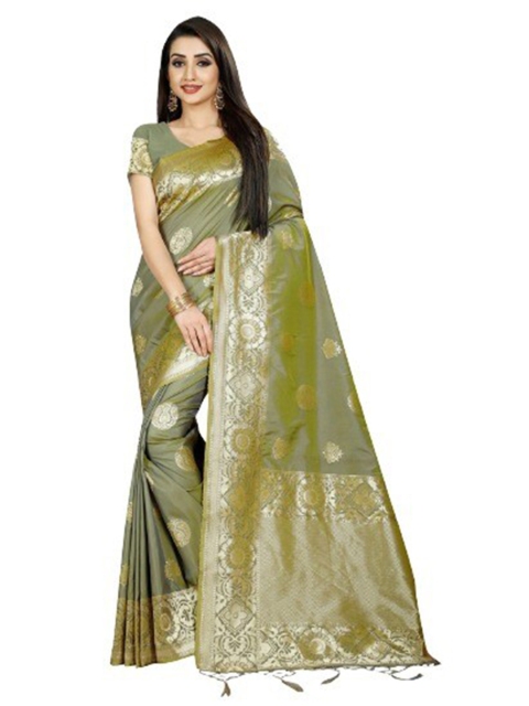 

Mitera Olive Green & Gold Ethnic Motifs Zari Saree