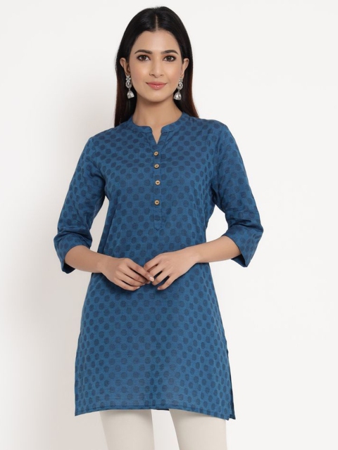 

ZOLA Blue Mandarin Collar Cotton Embroidered Printed Tunic