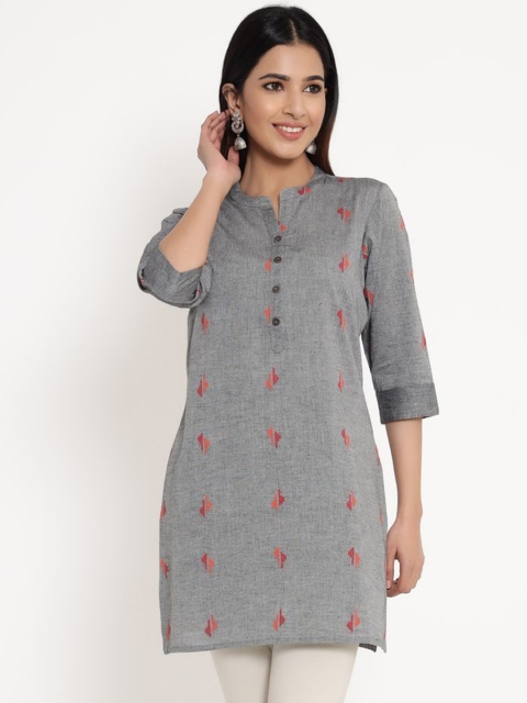 

ZOLA Grey & Red Mandarin Collar Cotton Embroidered Tunic