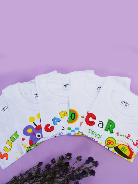 

POKORY Unisex Kids White Printed Applique Running T-shirt