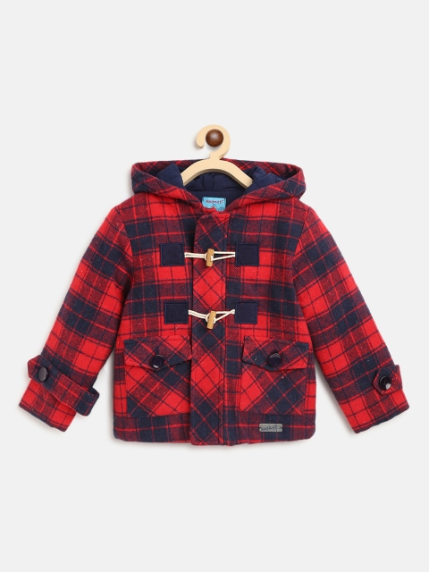 

Nauti Nati Boys Navy Blue & Red Checked Hooded Cotton Tailored Jacket with Patchwork