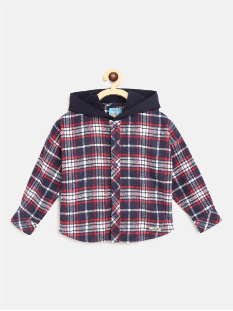 

Nauti Nati Boys Navy Blue & Red Hooded Pure Cotton Tartan Checks Casual Shirt