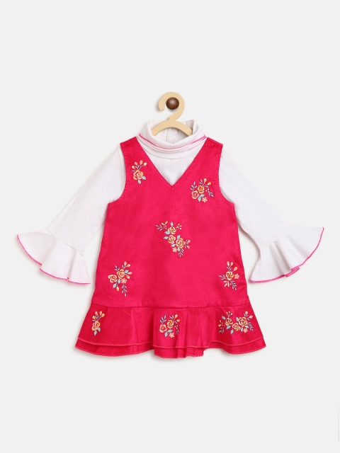 

Nauti Nati Girls Fuchsia Cotton Floral Embroidered Pinafore Dress with Top