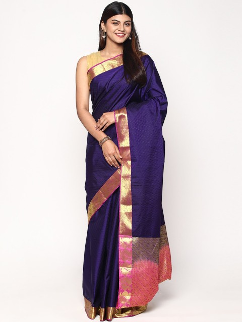 

Sudarshan Silks Navy Blue & Pink Woven Design Zari Silk Blend Kanjeevaram Saree