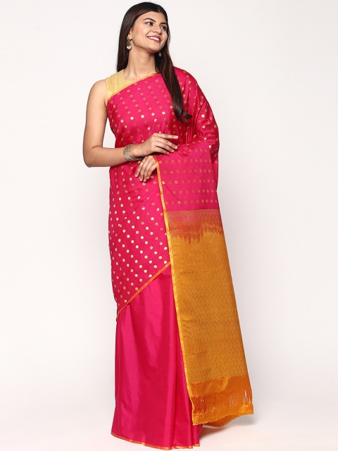 

Sudarshan Silks Pink & Yellow Woven Design Zari Silk Blend Kanjeevaram Saree