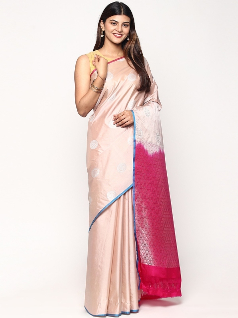 

Sudarshan Silks Cream-Coloured & Magenta Ethnic Motifs Zari Silk Blend Kanjeevaram Saree