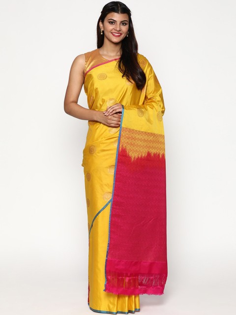

Sudarshan Silks Yellow & Pink Woven Design Zari Silk Blend Kanjeevaram Saree