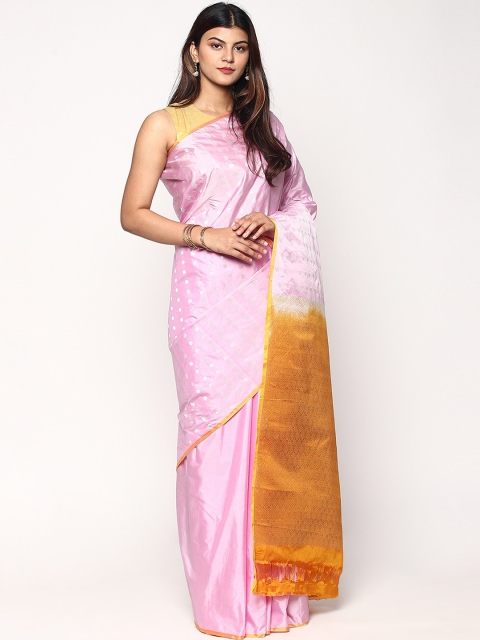 

Sudarshan Silks Pink & Yellow Woven Design Zari Silk Blend Kanjeevaram Saree