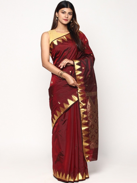 

Sudarshan Silks Maroon & Gold-Toned Woven Design Zari Pure Silk Kanjeevaram Saree