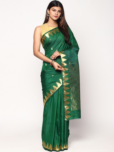 

Sudarshan Silks Green & Gold-Toned Ethnic Motifs Pure Silk Kanjeevaram Saree