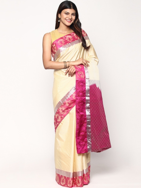 

Sudarshan Silks Cream-Coloured & Magenta Woven Design Zari Silk Blend Kanjeevaram Saree