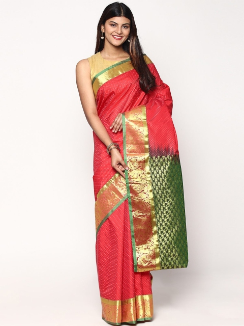 

Sudarshan Silks Red & Green Woven Design Zari Silk Blend Kanjeevaram Saree