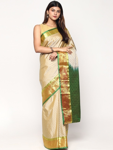 

Sudarshan Silks Cream-Coloured & Green Ethnic Motifs Zari Silk Blend Kanjeevaram Saree