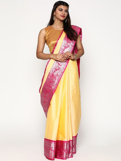 

Sudarshan Silks Yellow & Magenta Woven Design Zari Silk Blend Kanjeevaram Saree