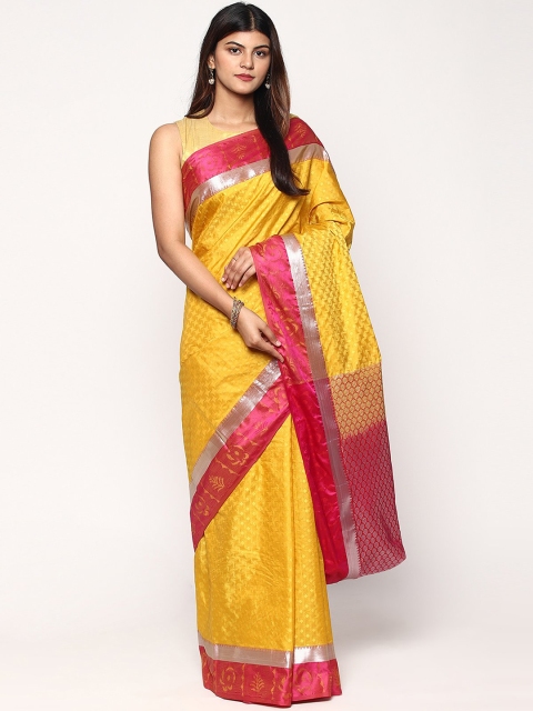 

Sudarshan Silks Yellow & Pink Woven Design Zari Silk Blend Kanjeevaram Saree