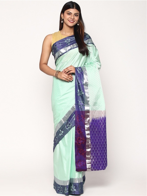 

Sudarshan Silks Blue & Silver-Toned Woven Design Zari Silk Blend Kanjeevaram Saree