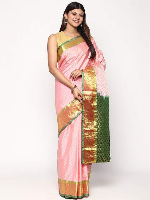 

Sudarshan Silks Pink & Green Woven Design Zari Silk Blend Kanjeevaram Saree
