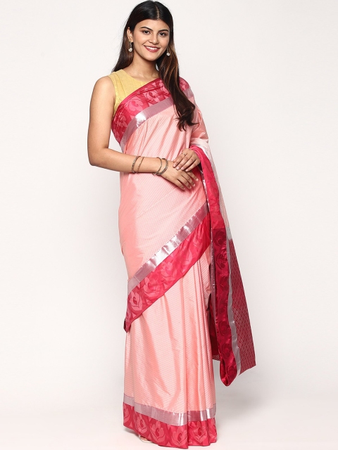 

Sudarshan Silks Pink & Silver Ethnic Motifs Zari Silk Blend Kanjeevaram Saree