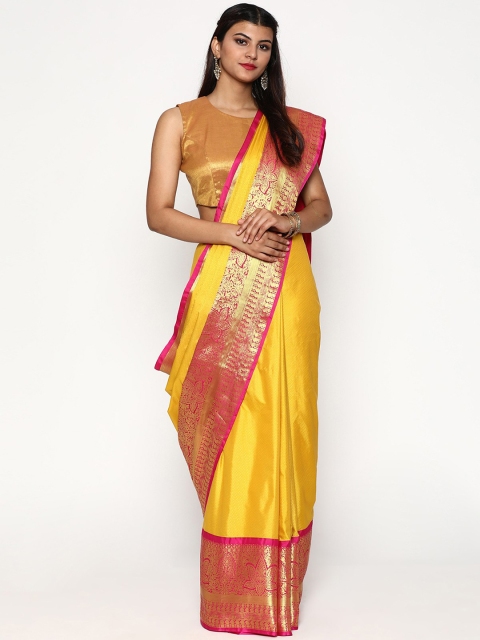 

Sudarshan Silks Yellow & Magenta Zari Silk Blend Kanjeevaram Saree