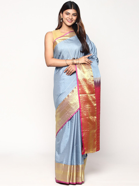 

Sudarshan Silks Blue & Magenta Woven Design Zari Silk Blend Kanjeevaram Saree