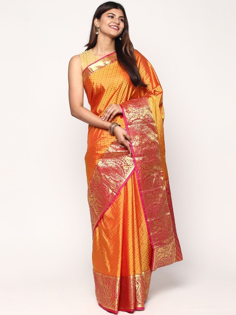 

Sudarshan Silks Orange & Pink Ethnic Motifs Zari Silk Blend Kanjeevaram Saree