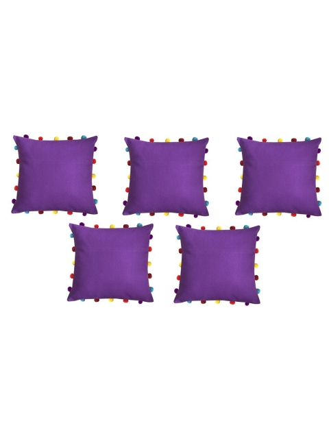 

Lushomes Set of 5 Purple Square Pure Cotton Cushion Covers with Colorful Pom Poms