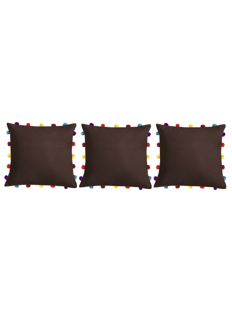 

Lushomes Brown Set of 3 Square Cushion Covers With Colorful pom poms