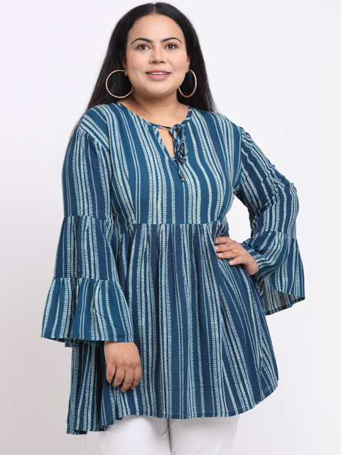 

sindrellastorie Blue & White Tie and Dye Tie-Up Neck A-Line Top