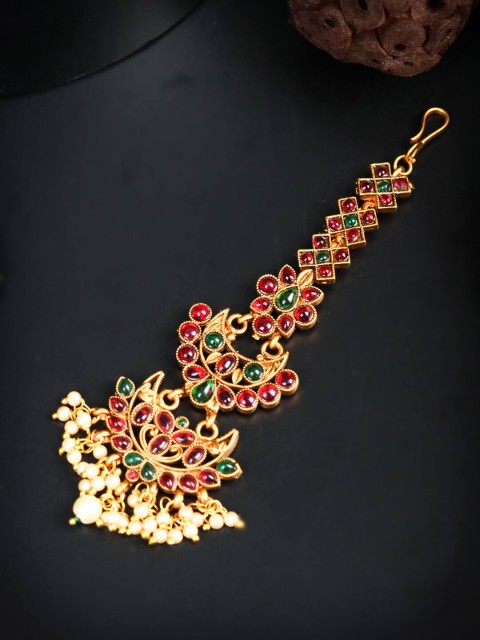

Priyaasi Gold-Plated & Pink Kemp Stones Pearls Maang Tikka