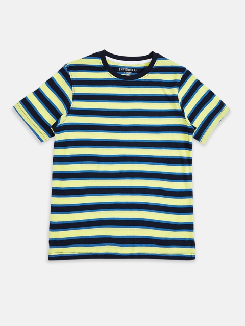 

Pantaloons Junior Boys Navy Blue & Yellow Pure Cotton Striped T-shirt