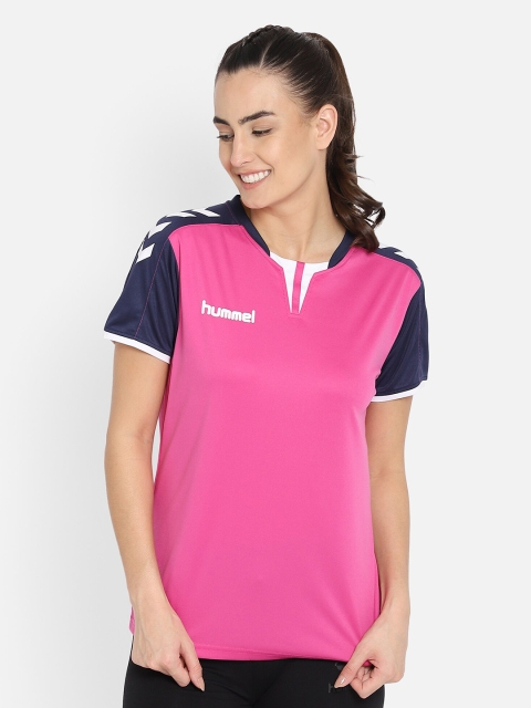 

hummel Women Pink Colourblocked V-Neck T-shirt