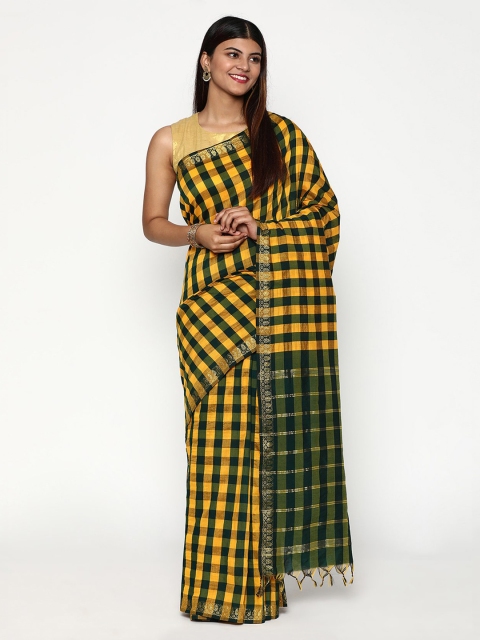 

Sudarshan Silks Orange & Green Checked Zari Silk Cotton Saree