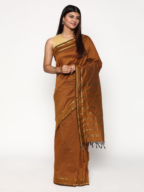 

Sudarshan Silks Mustard & Gold-Toned Checked Zari Silk Cotton Saree