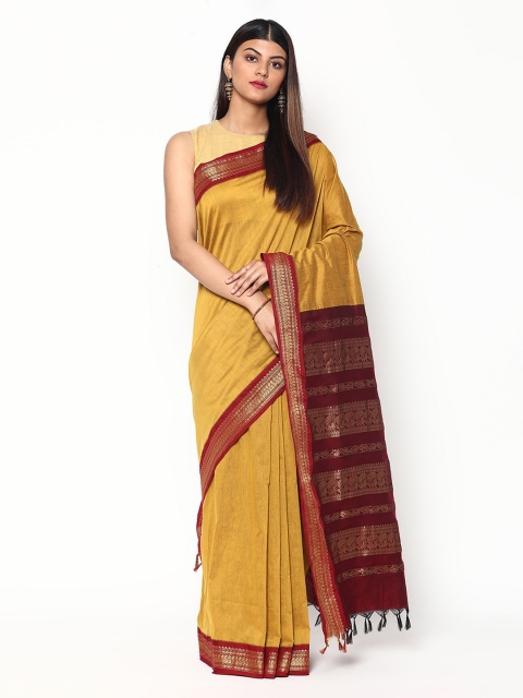 

Sudarshan Silks Yellow & Maroon Zari Silk Cotton Saree