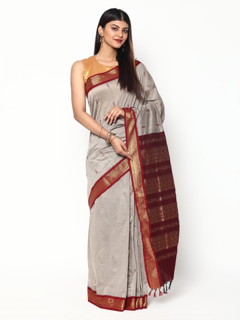 

Sudarshan Silks Grey & Maroon Ethnic Motifs Zari Silk Cotton Saree