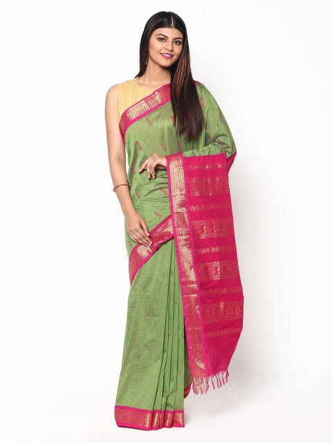 

Sudarshan Silks Green & Fuchsia Ethnic Motifs Zari Silk Cotton Saree