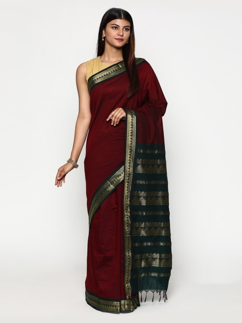 

Sudarshan Silks Maroon & Green Woven Design Zari Silk Cotton Saree