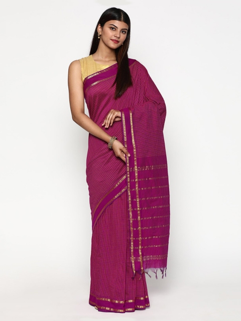 

Sudarshan Silks Purple & Gold-Toned Checked Zari Silk Cotton Saree