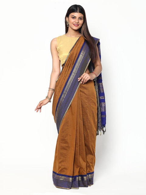 

Sudarshan Silks Brown & Blue Woven Design Zari Silk Cotton Saree