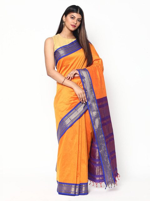 

Sudarshan Silks Orange & Blue Zari Silk Cotton Saree