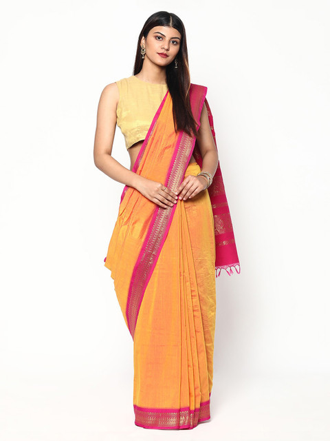 

Sudarshan Silks Orange & Pink Woven Design Zari Silk Cotton Saree