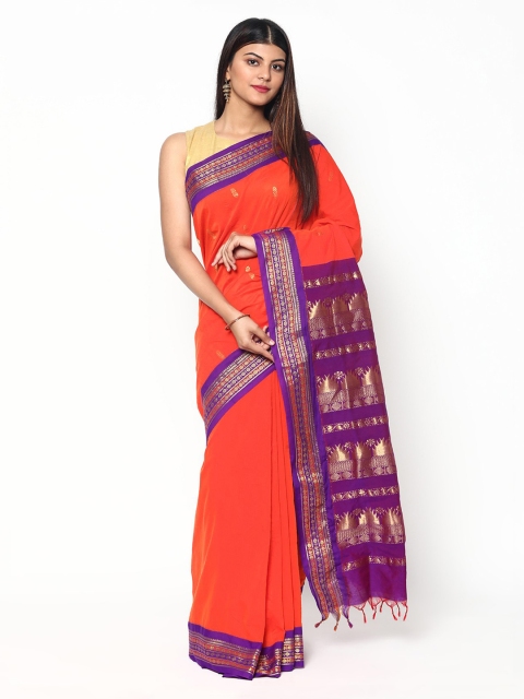 

Sudarshan Silks Orange & Blue Woven Design Zari Silk Cotton Saree