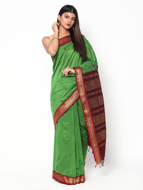 

Sudarshan Silks Green & Maroon Ethnic Motifs Zari Silk Cotton Saree