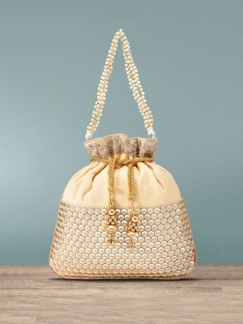 

Peora Cream-Coloured & Gold-Toned Embellished Potli Clutch