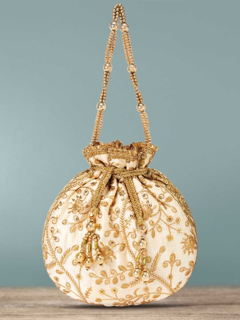 

Peora Cream-Coloured & Gold-Toned Embellished Potli Clutch