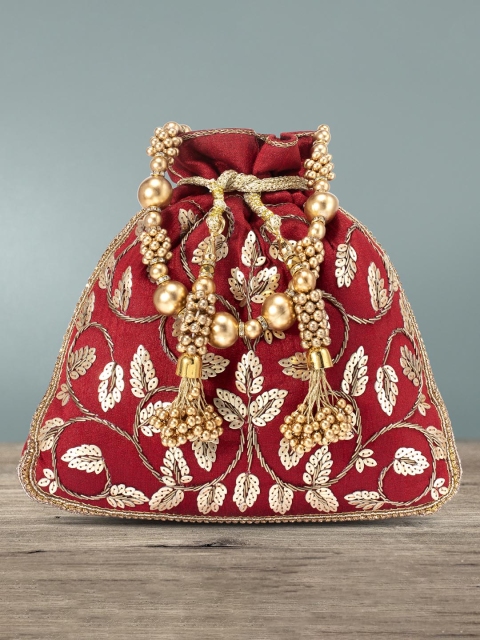 

Peora Maroon & Gold-Toned Embroidered Potli Clutch