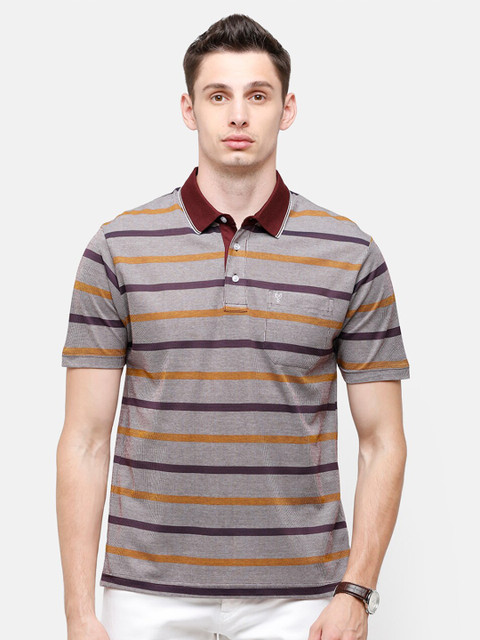 

Classic Polo Men Brown Striped Polo Collar Pockets T-shirt